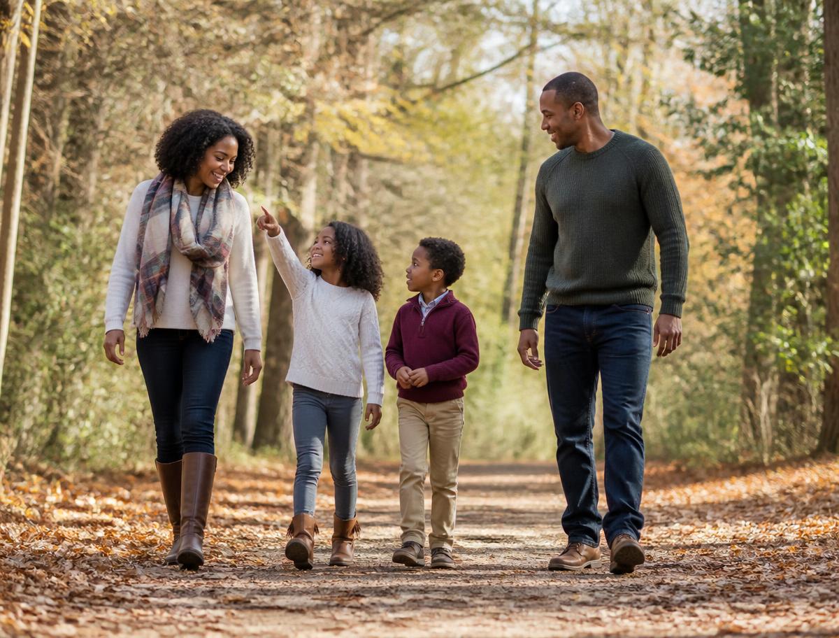 A family walking together on a tree-lined community trail in North Metro Atlanta